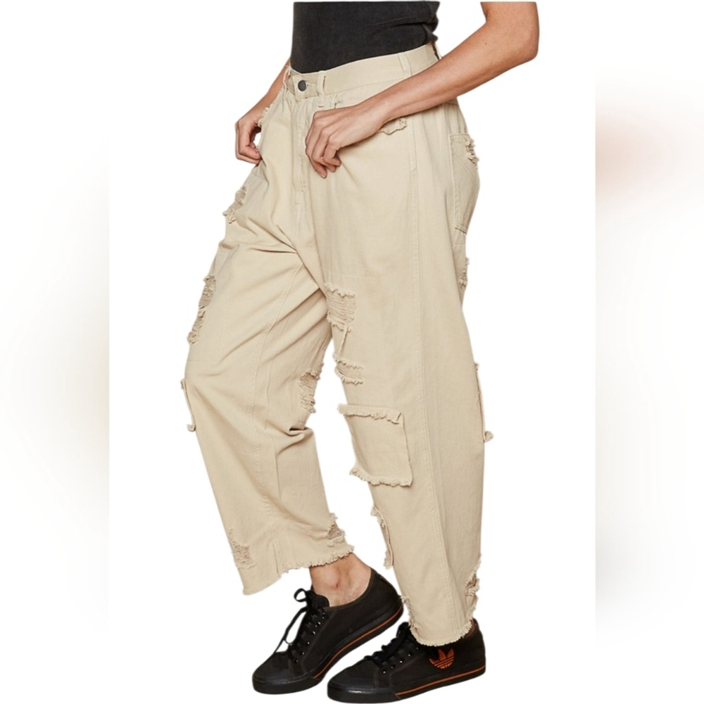 Pol Boyfriend Cropped Distressed Sand Beige Pants, NEW. Large - Picture 3 of 4